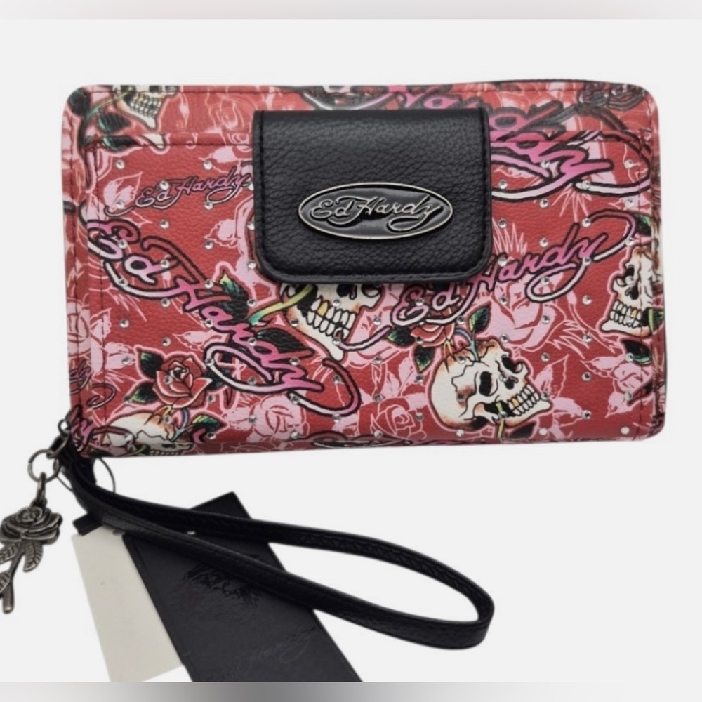 Ed Hardy Pink Skull & Rose Wristlet Clutch with Black Flap